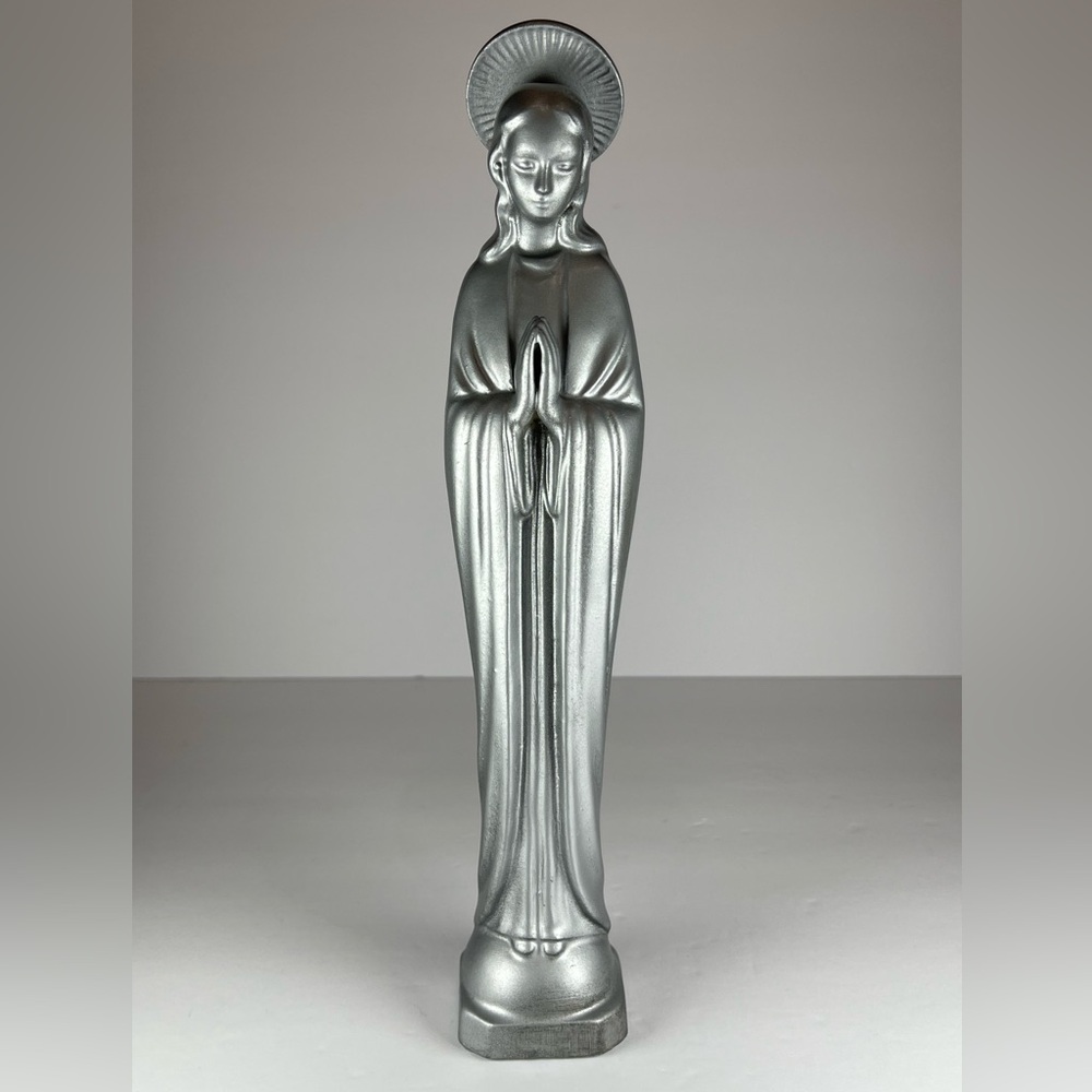 Vintage Mother Mary ceramic figurine, painted silver